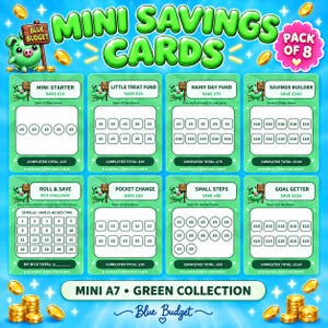 May include: A set of eight green Mini Savings Cards featuring a cartoon pig mascot and various financial tracking challenges with pound currency symbols. The cards include titles like Mini Starter, Little Treat Fund, and Goal Getter, designed for tracking savings goals with designated boxes to mark progress.