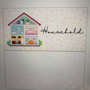 May include: A rectangular graphic featuring a stylised house illustration with four rooms, including a bathroom, bedroom, kitchen, and living area. The word Household is written in black script to the right, over a background of small kitchen icons.