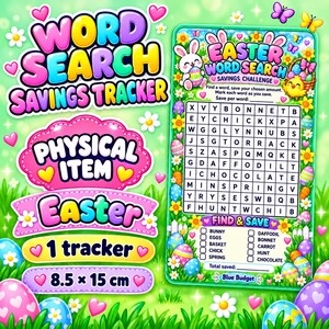 May include: An Easter word search savings tracker measuring 8.5 by 15 cm. The rectangular card features a grid of letters, a list of words to find, and colourful illustrations of bunnies, chicks, flowers, and decorated Easter eggs on a green background.