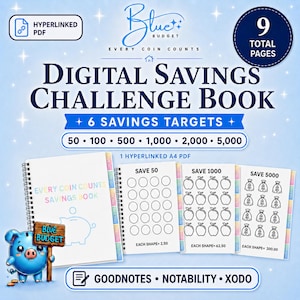 May include: A digital savings challenge book with 9 pages and 6 targets ranging from 50 to 5,000. The cover features a blue piggy bank illustration and the text Every Coin Counts. Includes pages with circles, apples, and money bag icons for tracking.