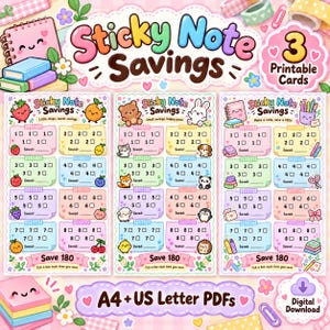 Könnte beinhalten: Drei druckbare Spar-Tracker-Karten mit der Aufschrift Sticky Note Savings, die bunte Haftnotiz-Grafiken mit Kästchen zum Verfolgen von Ersparnissen bis 180 zeigen. Die Karten enthalten Illustrationen von Früchten, Tieren und Schreibwaren sowie Text, der auf A4- und US-Letter-PDF-Formate hinweist.