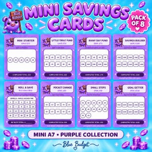 May include: A pack of eight purple Mini Savings Cards featuring a cartoon pig mascot and various financial tracking challenges. Each card includes specific savings goals, checkboxes for tracking progress, and the Blue Budget brand name.