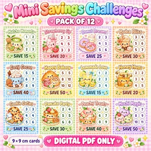 May include: A set of 12 printable savings challenge cards featuring colorful illustrations of food and drinks with numbered circles for tracking progress. Each card includes text labels like Matcha Moments, Strawberry Sip, and Boba Bliss, with a 9 x 9 cm size indicator and a digital PDF only notice.
