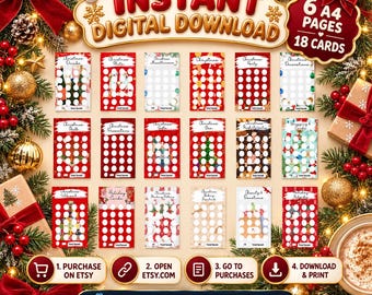 May include: A digital download set featuring 18 Christmas savings challenge cards across 6 A4 pages. Each card includes rows of white circles for tracking savings, with festive red, green, and gold patterns. Text includes Instant Digital Download.