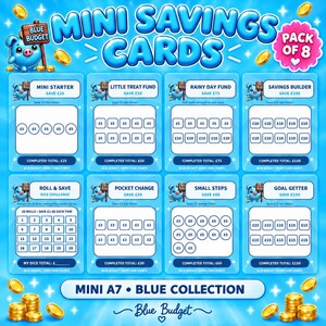 May include: A pack of 8 blue savings challenge cards featuring a cartoon pig mascot and various financial goals. Each card includes designated spaces to track savings amounts in pounds, with titles like Mini Starter, Little Treat Fund, and Goal Getter.