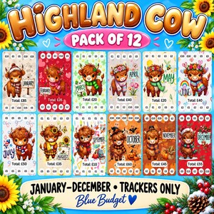May include: A set of 12 monthly savings trackers featuring cartoon Highland cows, each labelled with a month from January to December, specific monetary values, and total savings goals in pounds, set against a blue background with sunflowers.