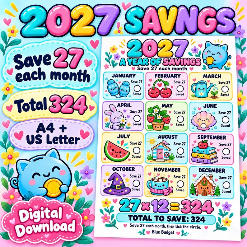 May Print Lettering 2027 Savings Challenge Printable, Monthly Tracker, A4 & US Letter ...