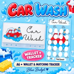 May include: A car wash themed A6 wallet and matching savings tracker set. The wallet features a red car graphic and the text Car Wash. The tracker includes a red car illustration with white circular spaces for tracking savings and the text Car Wash.