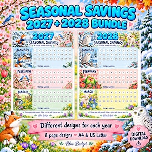 May include: A digital download bundle featuring two seasonal savings trackers for 2027 and 2028. Each page includes monthly calendars from January to March with numbered circles for tracking savings, decorated with illustrations of foxes, owls, and lambs.