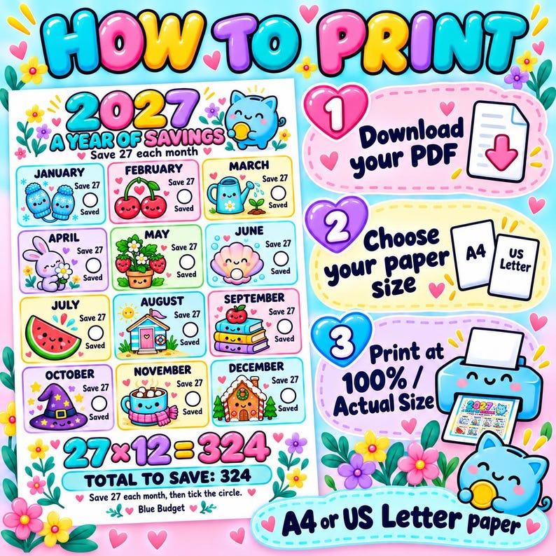 May Print Lettering 2027 Savings Challenge Printable, Monthly Tracker, A4 & US Letter ...