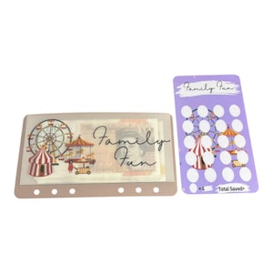 Family fun savings tracker & vellum wallet – laminated budget card + cash envelope insert – save for days out and activities fund