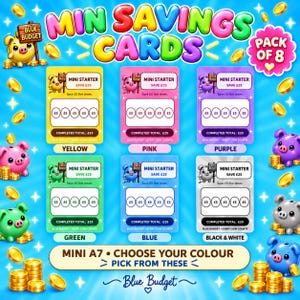 May include: A pack of 8 Mini Savings Cards featuring colourful piggy bank illustrations and text. Each card includes a Mini Starter section to save £25, with five £5 circles to track progress. The cards come in yellow, pink, purple, green, blue, and black and white.