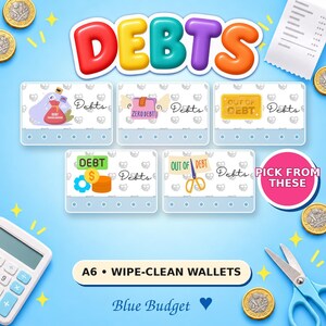 May include: Five A6 wipe-clean wallet inserts featuring debt-themed graphics and the word Debts. The designs include a debt consolidation bag, zero debt wings, an out of debt sign, a debt coin, and scissors cutting out of debt. Includes a calculator and scissors.