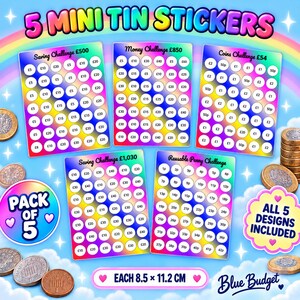 May include: A set of five mini tin stickers featuring rainbow gradients and white circles with various monetary values. The text includes 5 MINI TIN STICKERS, Saving Challenge, Money Challenge, Coins Challenge, Reusable Penny Challenge, and 8.5 x 11.2 cm.