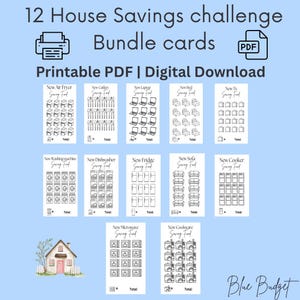 Puede incluir: Una descarga digital con 12 tarjetas de desafío de ahorro para el hogar. Cada tarjeta representa un electrodoméstico diferente, como una nueva freidora de aire, lavadora o microondas. Las tarjetas son en blanco y negro.