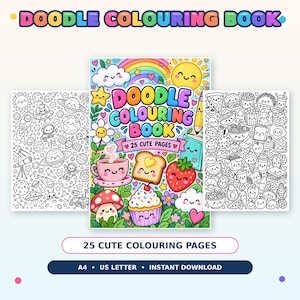 Può includere: Un libro da colorare doodle con 25 pagine carine, caratterizzato da una copertina colorata con arcobaleno, sole e illustrazioni di cibo. Due pagine interne mostrano disegni a tema spaziale e vari alimenti da colorare.