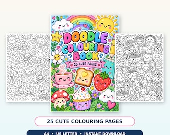 May include: A doodle colouring book with 25 cute pages featuring a colorful cover with a rainbow, sun, and food illustrations. Two interior pages are shown, one with space-themed doodles and another with various food items to color in.