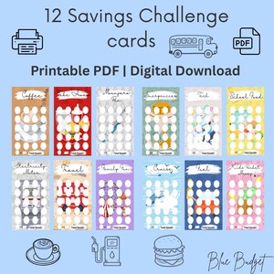 May include: A digital download featuring 12 savings challenge cards with illustrations for various categories like coffee, travel, and school food. The cards are designed with a light blue background and include the text "Printable PDF | Digital Download."
