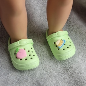 80mm Light Green Croc Style Sandals with Accessories. Modelled on Our Generation Doll.