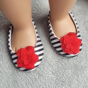 75mm Black and White Striped Doll Shoes with Red Flower. Our Generation. American Girl Doll. Baby Born.