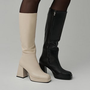 Genuine Leather Knee winter shoes, High Heeled Woman Autumn woman boots, Black White Boot, Trendy Woman Shoe, Leather Women Boots