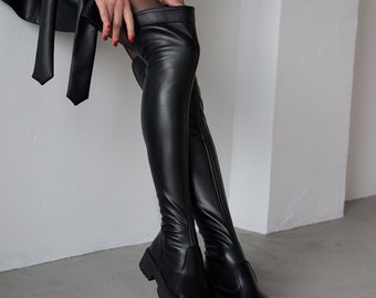 Black High Knee Boots For Girls, Women's Over-the-knee Boots, Genuine Leather Women High Knee Boots, High Heels, Boots Female, Custom Shoes