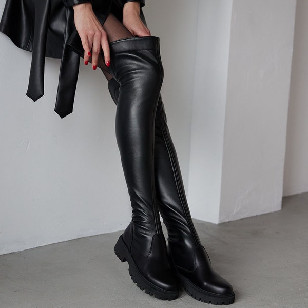 Black High Knee Boots For Girls, Women's Over-the-knee Boots, Genuine Leather Women High Knee Boots, High Heels, Boots Female, Custom Shoes