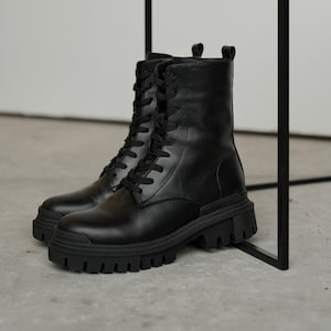Black Boots, Ankle Boots, Platfotrm Low Heel Boots, Gift For Her, Winter Boots, Genuine Leather Boots, Black Leather, Combat Boots Women