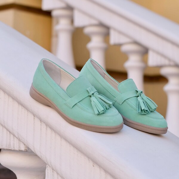 Vintage Leather Woman Loafers, Mint Leather Sandals, Summer Shoes, Autumn Women's Loafers in Mint Color, Handmade Genuine Leather Shoes