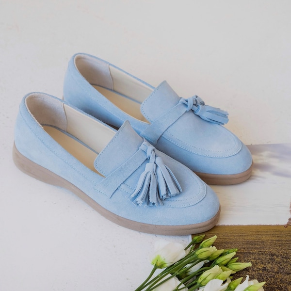 Suede Loafers, Soft Women Shoes, Comfy Classy Shoes, Blue Loafers, Leather Loafers, Autumn Shoes, Сlassic Handmade Top Sider Shoes