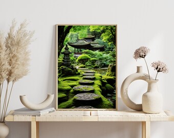 Digital Art Print | Tranquil Zen Garden Temple Green | Instant Download Printable For Wall Frame | AI Generated