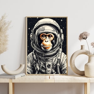 Impresión de arte digital / Astronauta mono de dibujos animados / Descarga instantánea imprimible para marco de pared / Generado por IA
