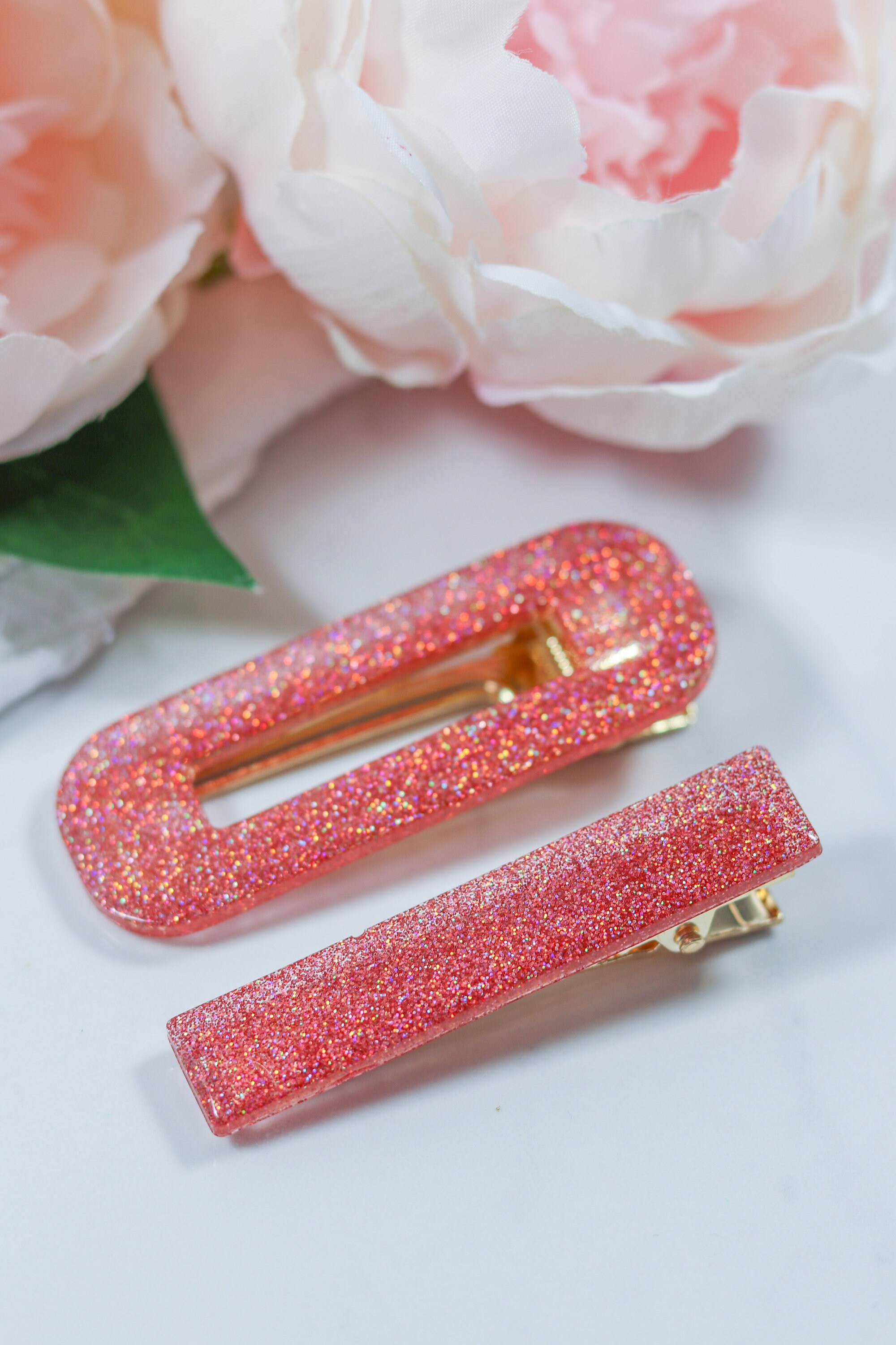 Pair Resin Hair Clip With Bright Pink Iridescent Sparkle Glitter. Handmade Hair Barrette. Two