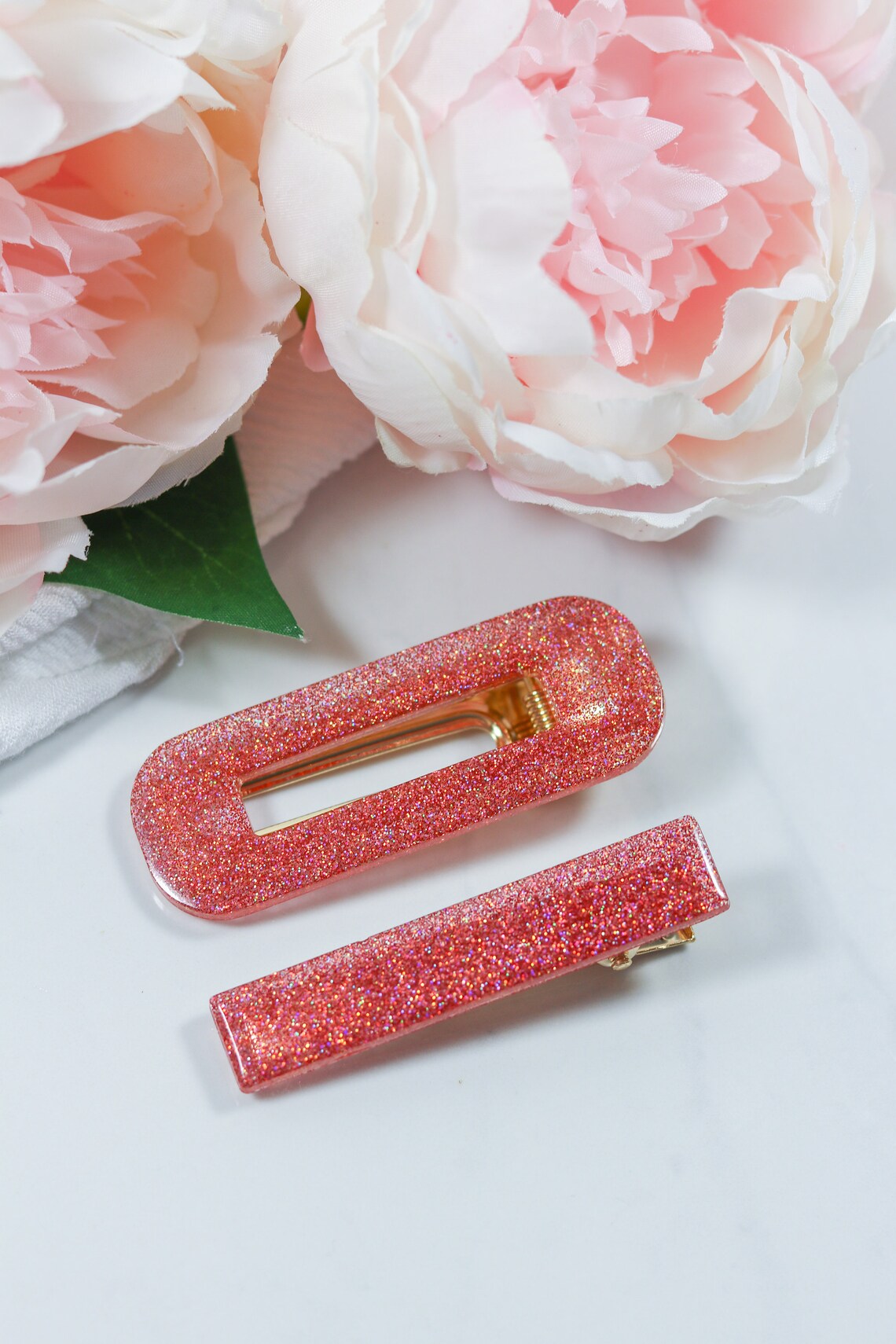 Pair Resin Hair Clip With Bright Pink Iridescent Sparkle Glitter