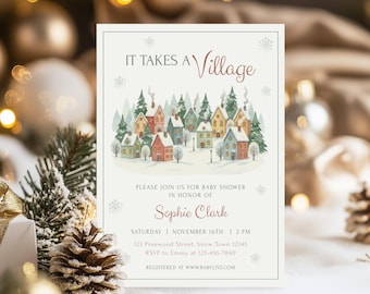 Könnte beinhalten: Eine Babyparty-Einladung mit einer Winterdorf-Szene. Die Einladung trägt die Aufschrift "IT TAKES A Village" über einer farbenfrohen Illustration von Häusern. Details umfassen den Namen der Geehrten, Datum, Uhrzeit, Adresse und RSVP-Informationen.