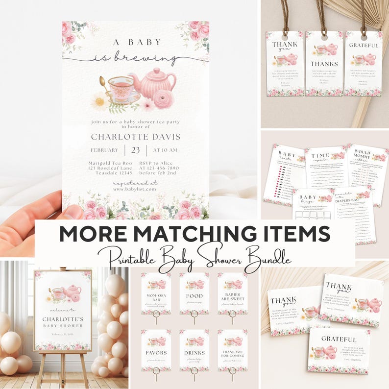 Juegos para baby shower "Un bebé está en ciernes", plantillas editables para baby shower con té, juegos de té y respuestas para baby shower. imagen 9