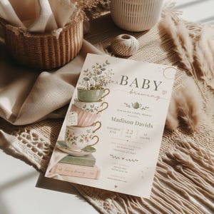 A Baby Is Brewing Tea Party Baby Shower Invitation, Vintage Teacup Floral Invite, Tea For Two Shower, Whimsical Garden Tea Baby Shower