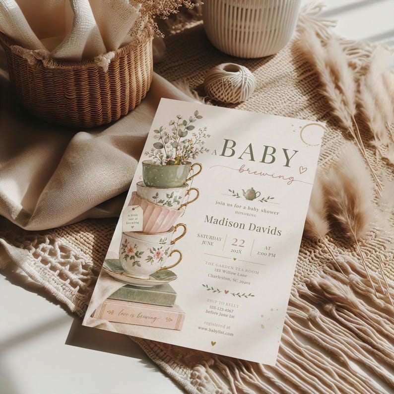 A Baby Is Brewing Tea Party Baby Shower Invitation, Vintage Teacup Floral Invite, Tea For Two Shower, Whimsical Garden Tea Baby Shower
