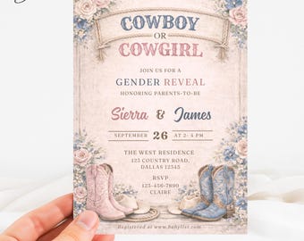 Cowboy or Cowgirl Gender Reveal Invitation, Western Boots Baby Shower Card, Cowboy Cowgirl Party Template, He or She Gender Reveal Invite