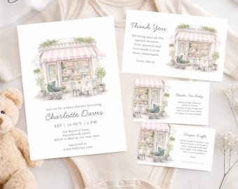 Pink French Cafe Shower Invitation Set, Cafe Bebe Baby Shower Card Bundle, Coffee Baby Shower Thank You Card, Book & Diaper Raffle Cards