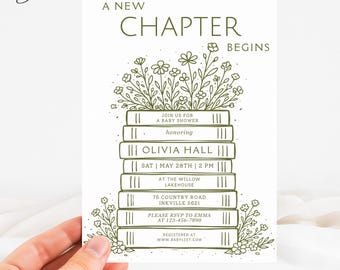 Book Stack Baby Shower Invitation, A New Chapter Begins Invite, Handdrawn Storybook Party Template, Vintage Bookish Invite