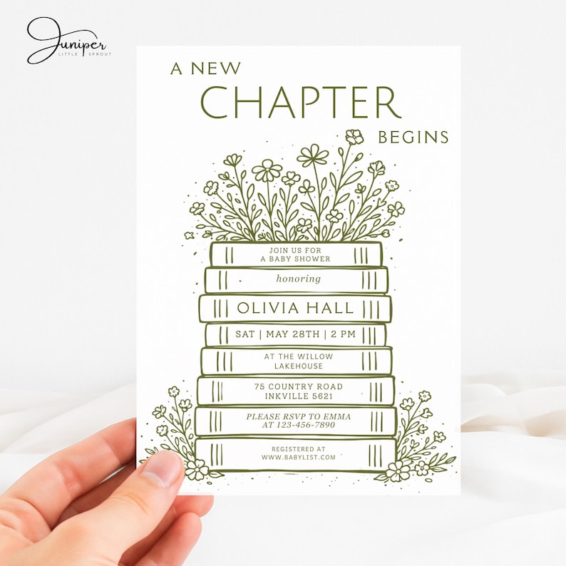Book Themed Baby Shower Invitation, A New Chapter Begins Invite, Greenery Storybook Baby Invite, Vintage Book Invite, Floral Baby Shower,