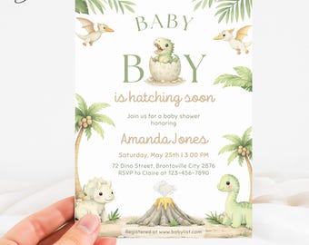 Baby Boy Is Hatching Soon Invitation, Dinosaur Baby Shower Template, Dino Hatching Egg Baby Shower Card, Boy Jungle Animal Invite