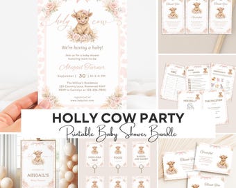 Holy Cow Baby Shower Bundle, Floral Cowgirl Baby Shower Invite Set, Whimsical Barnyard Baby Shower Decor, Custom Pink Cow Baby Shower Cards