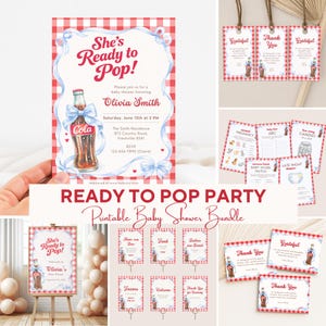 Peut inclure: Ensemble de fournitures de fête prénatale imprimables sur le thème du soda vintage. Comprend des invitations, des étiquettes de remerciement, des cartes de jeu et des panneaux. L'invitation présente une illustration de bouteille de cola et le texte "She's Ready to Pop!"