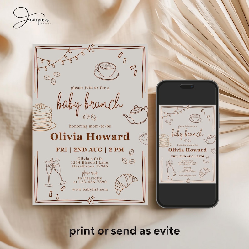 Handdrawn Pancakes & Coffee Baby Brunch Invitation, Pastry Breakfast Baby Shower Invite, Gender Neutral Baby Shower Brunch Invitation