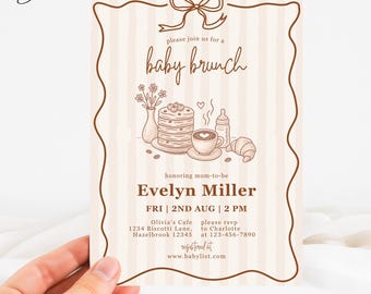 Invitación de brunch para bebé con panqueques de arándanos y café, invitación de baby shower con desayuno de repostería, invitación minimalista de brunch para bebé con granos de café.