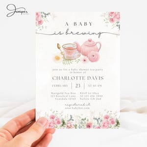 Editable A Baby Is Brewing Baby Shower Bundle, Pink Floral Tea Party Baby Shower, Tea Time Books & Diaper Raffle, Whimsical Tea Shower Set