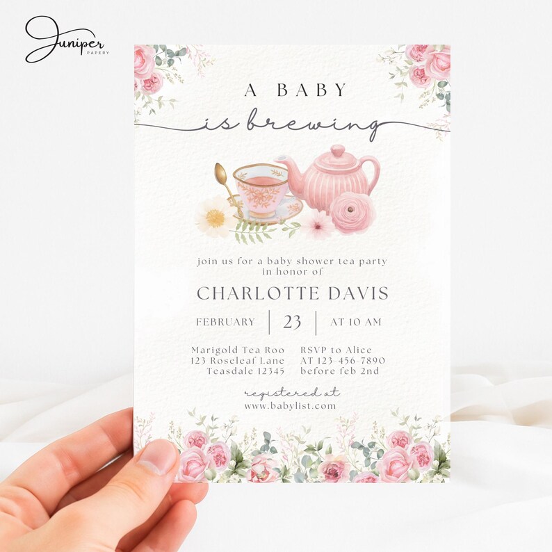 Editable A Baby Is Brewing Baby Shower Bundle, Pink Floral Tea Party Baby Shower, Tea Time Books & Diaper Raffle, Whimsical Tea Shower Set