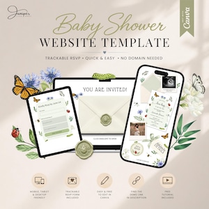 May include: A digital baby shower website template featuring a laptop, tablet, and smartphone displaying invitation designs with botanical illustrations, butterflies, ladybugs, and a wax seal. The text includes Baby Shower Website Template.